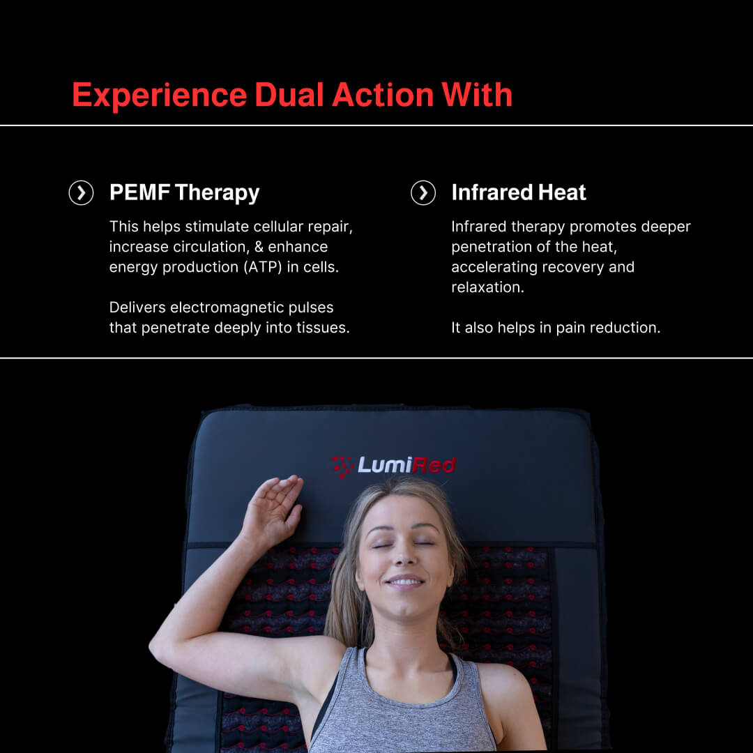 A girl lying on red light therapy mat