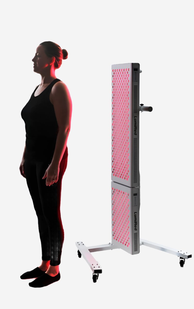 A woman standing in front of LumiPro Panel connected on the LumiPro stand